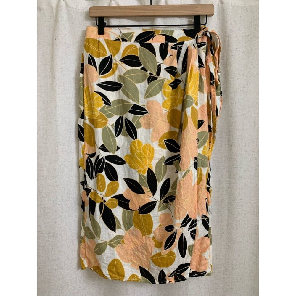 Rachel Zoe 100% Linen Leaf Print Wrap Skirt Yellow Peach Black Midi Small